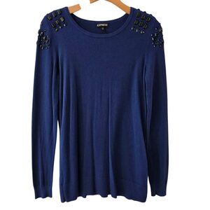 Express Sweater Size Medium Lightweight Blue Embellished Festive Party Christmas